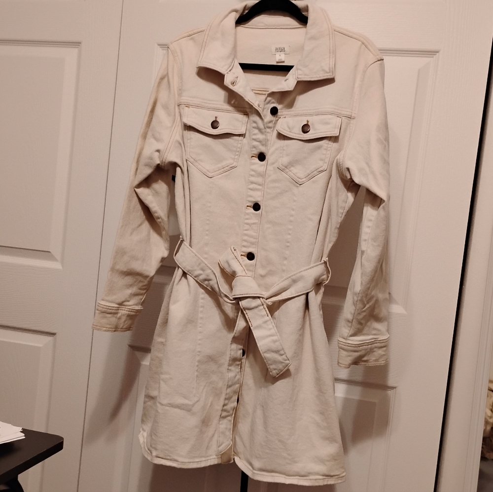 Cream Denim Belted Stretch Coat Long Jacket Size XL ... NWOT